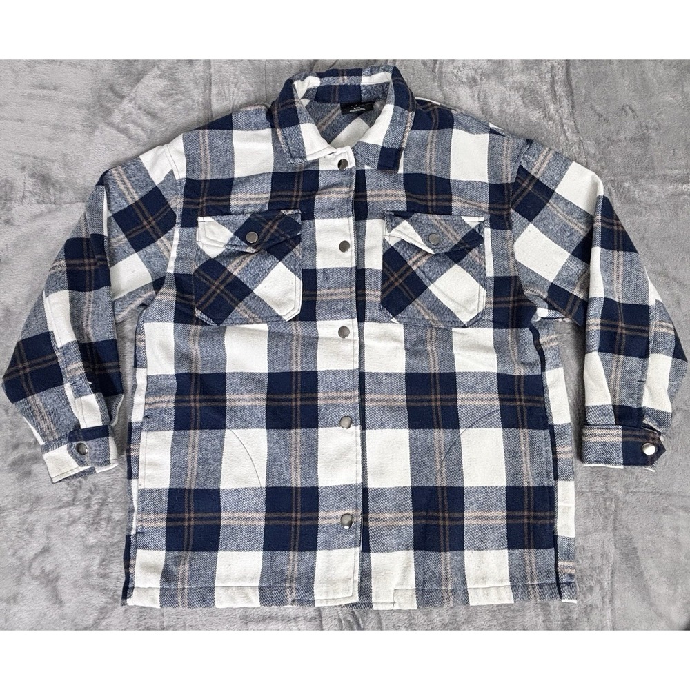 HFX Womens Small Blue White Plaid Flannel Shirt Jacket Snap Front Size Small